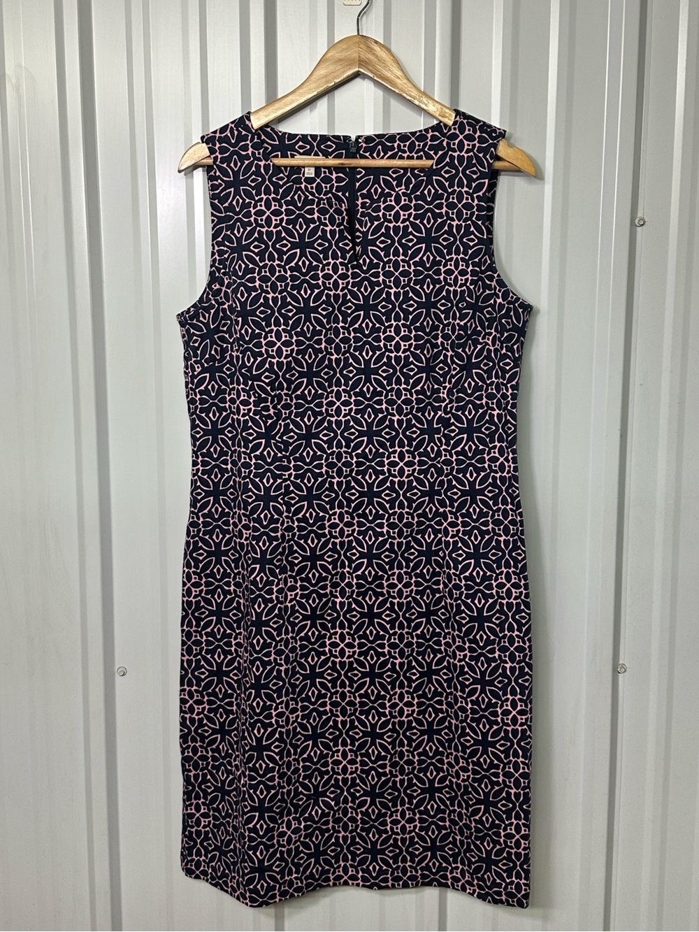 Talbots Navy Pink Geometric Sheath Dress Sleeveless Career Chic Preppy Classic
